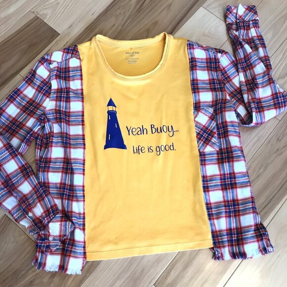 Upcycled Graphic Tee Flannel Sleeves, S-M: Oversized Lighthouse Pullover Shirt - Picture 9 of 10